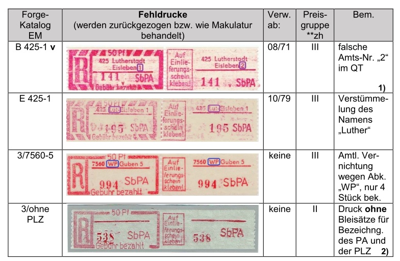 DDR Fehldrucke Druckfehler Gebührenzettel SbPA